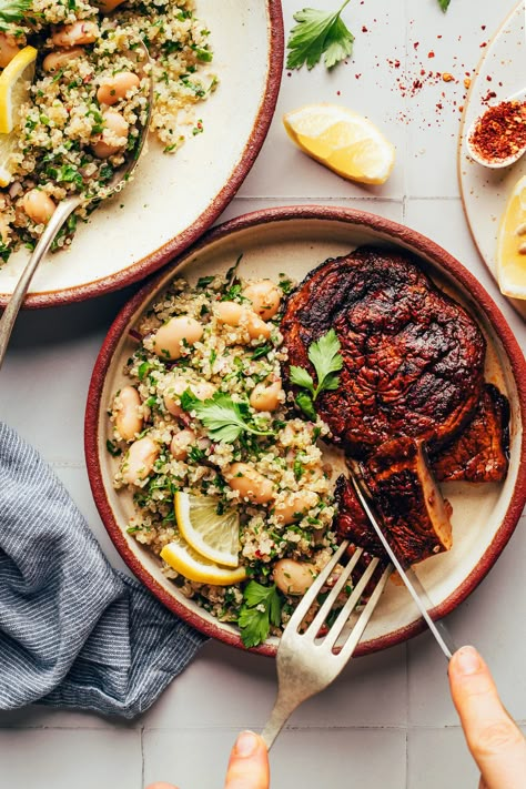 Vegan Healthy Desserts, Bean Quinoa Salad, Portobello Steak, Bean Quinoa, Steak Sides, Fibroid Diet, Vegan Quinoa Salad, Grilled Romaine, White Bean Salad