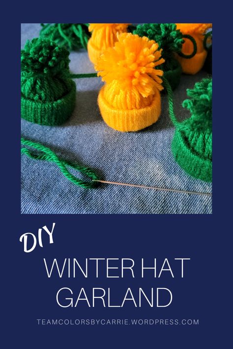 DIY garland that would be a great decoration for any winter party! These mini winter hats are made from yarn, and easy to make yourself. Hat Garland Diy, Winter Hat Garland, Hat Garland, Diy Winter Hat, Mantle Garland, Game Day Party, Garland Diy, Mini Stockings, Diy Winter