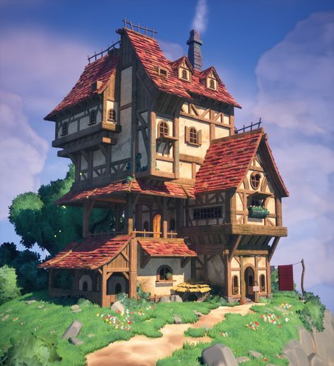 ArtStation - Medieval House Isometric Medieval, Fantasy House Concept, Fantasy Inn, Mountain Dream Homes, Medieval House, Minecraft Medieval, House Games, Project Planning, Medieval Houses