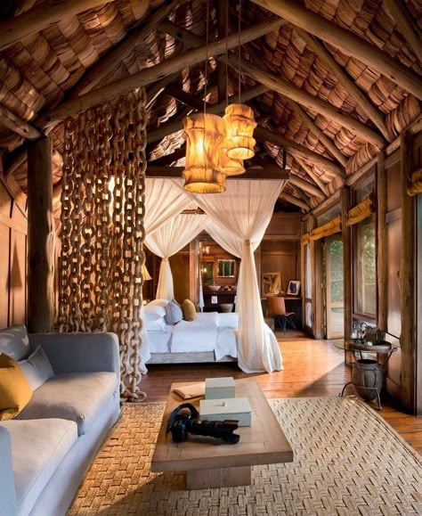 Safari Lodge Interior, African Lodge, Lodges Design, Wooden Lodges, Bush Lodge, Bali Style Home, Luxury Safari Lodge, Tented Camp, Lodge Design