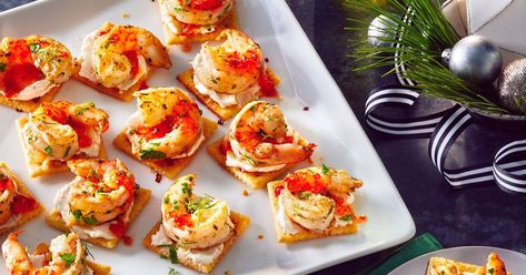 Shrimp on Seasoned Crackers with Pepper Jelly and Cream Cheese Recipe | Southern Living Shrimp On Crackers, Shrimp Cracker Appetizer, Pepper Jelly Shrimp, Pepper Jelly And Cream Cheese, Movie Themed Food, Wine And Cheese Board, Yummy Shrimp Recipes, Shrimp Crackers, Easter Appetizers Easy