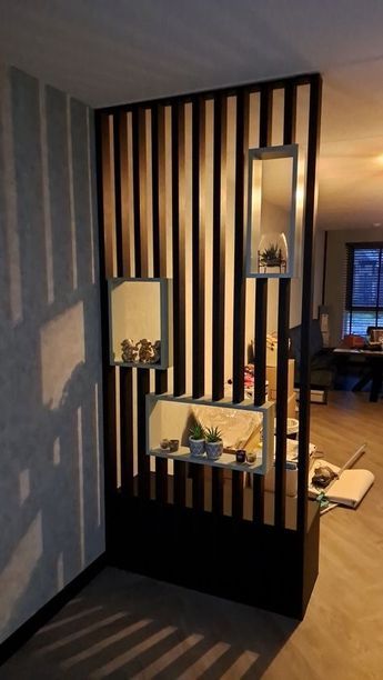 Room Divider Shelves Wood, Black Wall Divider, Living Wall Room Divider, Lounge Divider Ideas, Furniture As Room Divider, Wood Slate Room Divider, Room Devision Ideas Wood, Living Room Divider Shelves, Room Divider Kast