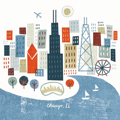 Chicago, IL Illustration by Michael Mullan Chicago Skyline Art, Chicago Art Print, Chicago Wall Art, Dorm Art, College Aesthetic, Chicago Art, My Kind Of Town, Chicago Skyline, 11x14 Print