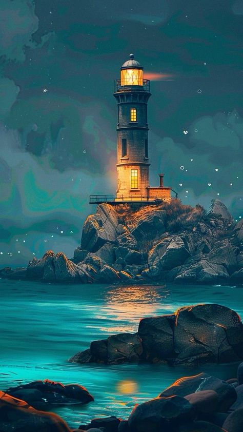 Lighthouse Background, Classic Anime Style, Lighthouse At Night, Dreamy Night Sky, Lighthouse Island, Lighthouse Design, Dreamy Night, Lighthouse Lighting, Lighthouses Photography