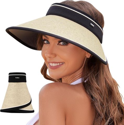 Amazon.com: PuTian Sun Visor Hats for Women Wide Brim Ponytail Straw Summer Hat Adjustable Foldable Beach Cap Top Open UPF50+ UV Protection, Light Beige Sun Visor Hat, Sun Cap, Sun Hats For Women, Visor Hats, Summer Hat, Head Accessories, Diy Dress, Sun Visor, Summer Hats