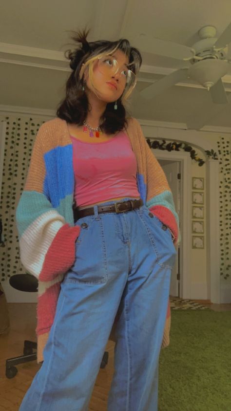 Retro Funky Aesthetic Outfit, Vibrant Clothes Aesthetic, Bright Colored Outfits Aesthetic, Vibrant Aesthetic Outfit, Indie Outfits Colorful, Color Core Outfits, Cluttercore Fashion, Suncore Outfits, Bright Colors Aesthetic Outfit