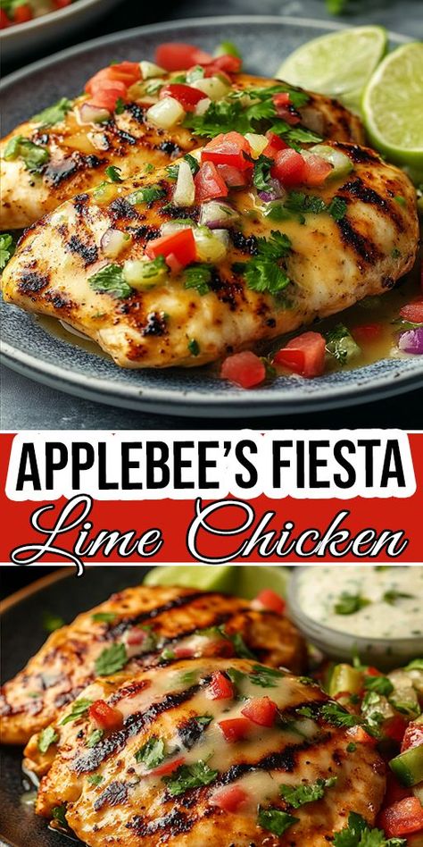 Love Applebee’s? 🧄🌶️ Try this Fiesta Lime Chicken recipe at home! 🍗🍽️ It’s packed with bold flavors, thanks to a zesty lime marinade and a creamy topping. Serve it with rice or veggies for a complete meal. 🍋🍛 #ApplebeesCopycat #ChickenDinner #LimeChicken Applebees Copycat Recipes Fiesta Lime Chicken, Applebees Fiesta Lime Chicken, Mexican Lime Chicken, Margarita Chicken Recipe, Fiesta Lime Chicken Recipe, Key Lime Chicken, Applebees Chicken, Fiesta Lime Chicken Applebees, Applebees Recipes