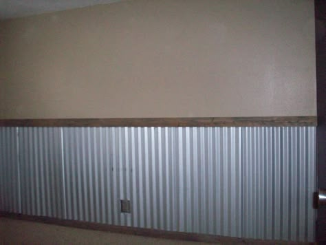 old room, with metal on wall Metal Half Wall, Half Tin Walls, Metal On Walls, Metal Half Wall Ideas, Sheet Metal Wall Interior Design, Tin Walls Living Room, Tin Chair Rail Corrugated Metal, Galvanized Metal Half Wall, Galvanized Tin Walls Mudroom