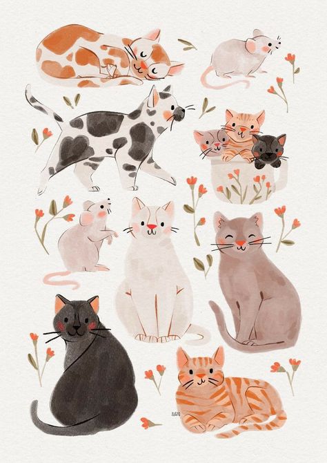 Cat Illustrations Cute, Cat Watercolor Art, Cute Cats Painting, Cat And Mouse Illustration, Cat In Flowers Drawing, Tabby Cat Doodle, Tiny Cat Painting, Cute Cat Print, Cat Flower Illustration