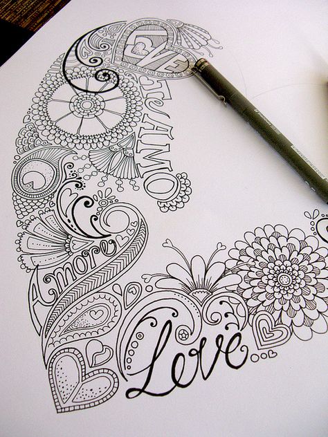 #papercraft #valentines #zentangle.  Progress | Hello Angel Creative via Flickr Pencil Drawing Images, Arte Doodle, Doodle Art Journals, Tangle Doodle, Zentangle Doodles, Drawing Hair, Tangle Art, Zen Tangle, Zentangle Doodle