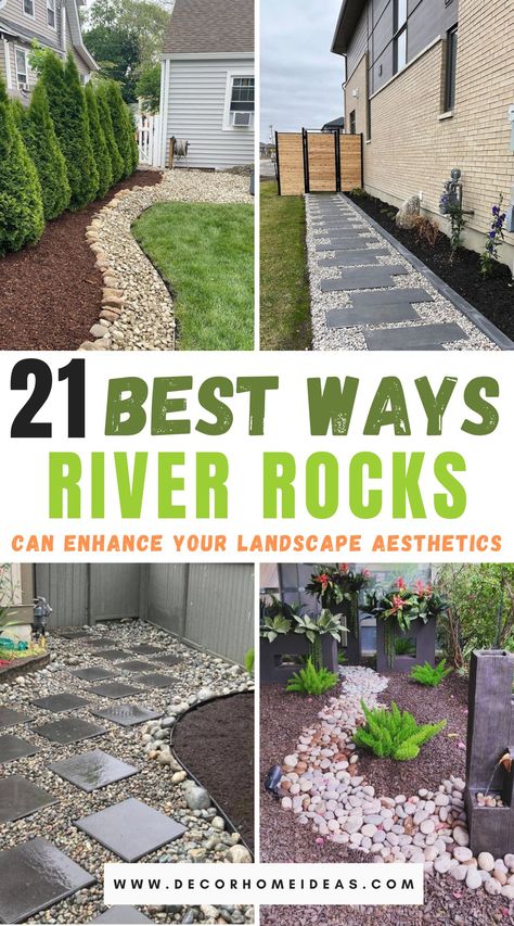 Elevate your outdoor oasis with these 21 river rock landscaping ideas. From pathways to garden borders, these versatile stones add texture, visual interest, and a touch of natural beauty to your outdoor space. Rock Yard Ideas, River Rocks Landscaping Edging, Rock Yards, No Grass Landscaping, Front Yard Beds, River Rock Ideas, Shady Backyard Ideas, River Rock Path, Utah Landscaping