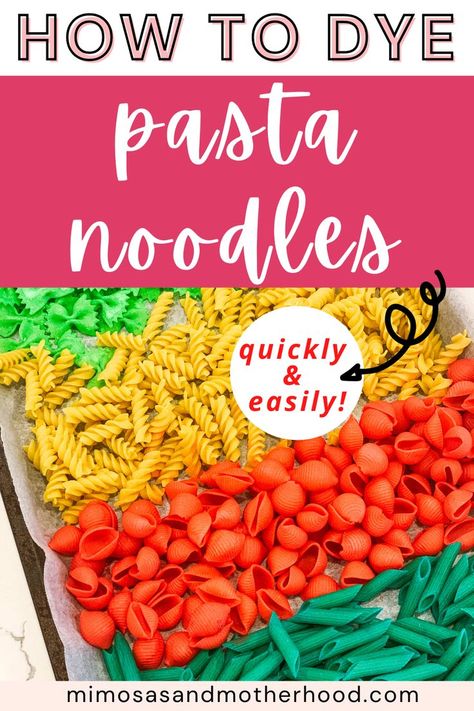 Learn how to dye pasta for crafts with this simple tutorial, and use the colorful noodles for sensory bins, crafts and more activities! * Mimosas & Motherhood Dye Pasta For Crafts, November Stem Activities, Dye Pasta, Colored Noodles, Pasta Crafts, Kitchen Tile Backsplash, Noodle Art, Kids Pasta, Colored Pasta