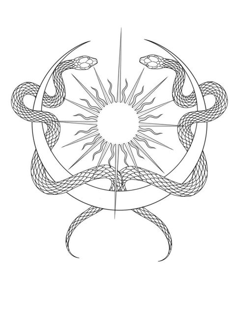 Snake Moon Drawing, Sun Moon And Snake Tattoo, Sun And Moon Snake Tattoo, Twin Snake Tattoo, Snake And Dragon Tattoo, Double Snake Tattoo, Sun And Moon Dragon, Apollo Tattoos, Witchy Moon Tattoo