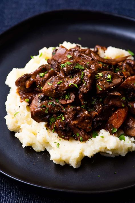 Vegan Mushroom Bourguignon, Celeriac Puree, Red Wine Beef Stew, Mushroom Bourguignon, Vegan Main Course, Vegetarian Main Course, Vata Dosha, Vegan Wraps, Wedding Food Ideas