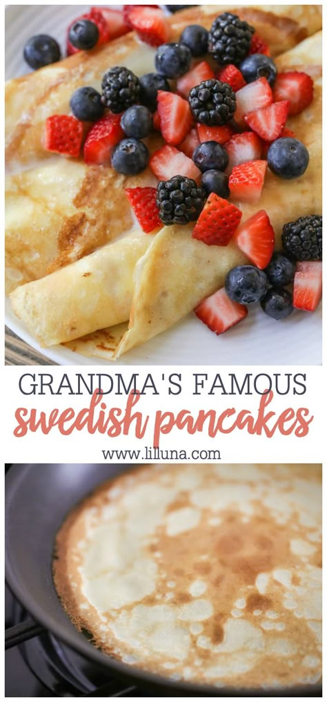 This Homemade Swedish Pancakes recipe makes the softest, most delicious pancakes. Fill and top them with cream, fruit or buttermilk syrup for a delicious breakfast! #swedishpancakes #pancakes #pancakerecipes #breakfast #breakfastrecipes Swedish Pancakes Recipe, Buttermilk Syrup, Swedish Pancakes, Delicious Pancakes, Swedish Food, Tasty Pancakes, Savory Cakes, Swedish Recipes, Breakfast Pancakes