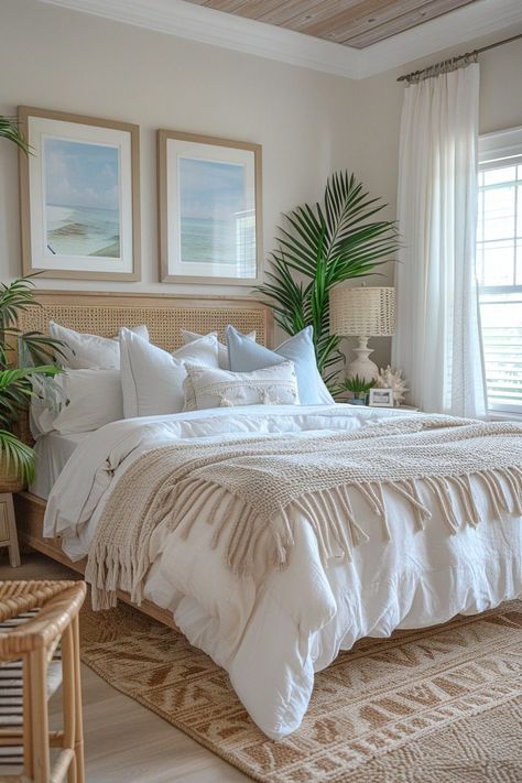 29 Boho Coastal Bedroom Ideas for a Breezy, Beachy Haven 27 Beachy Bedframe, Beachy Plant Bedroom, Bohemian Beach Bedroom Ideas, Modern Rattan Bedroom, Beach Boho Bedroom Ideas, Tropical Room Ideas Bedroom, Rattan Bedroom Ideas, Tulum Bedroom, Room Inspo Beachy