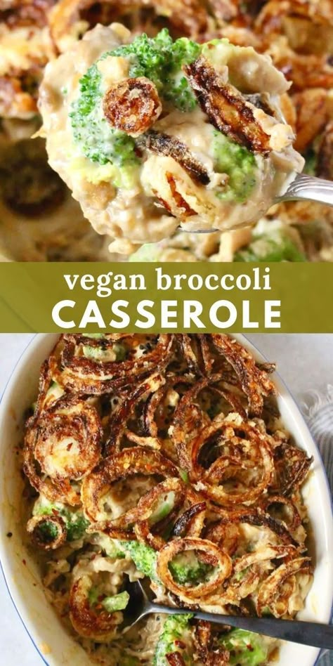 Vegan Broccoli Casserole recipe – take that classic holiday side dish and make it cruelty free this Thanksgiving. This dish has alluring steamed broccoli and tantalizing sauteed mushrooms, bathed in a cashew milk sauce. Top it with crispy onions, bread crumbs, or even crackers for the perfect final touch to the perfect side dish. Vegan Broccoli Casserole, Vegan Casserole Recipes, Broccoli Casserole Recipe, Vegan Diner, Vegan Broccoli, Broccoli Recipes Casserole, Vegan Casserole, Broccoli Bake, Holiday Side Dish