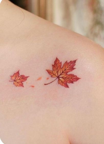 Fall Tree Tattoo Autumn, Fall Watercolor Tattoo, Autumn Leaves Tattoo Design, Canada Maple Leaf Tattoo, Red Leaf Tattoo, Small Fall Tattoos, Seasonal Tattoos, Fall Theme Tattoo, Season Tattoo Ideas