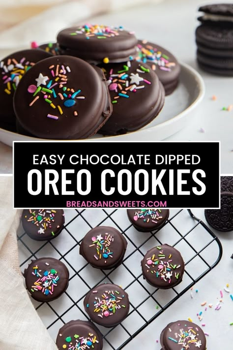 Chocolate dipped oreo cookies on a cooling rack and on a white plate. Oreo Ideas For Party, Oreo Cookie Dipped In Chocolate, How To Make Chocolate Dipped Oreos, How To Chocolate Covered Oreos, Choc Dipped Oreos, Chocolate Covered Oreos Recipe, Chocolate Dipping Ideas, Dipped Oreos Birthday, Covered Oreos How To Make