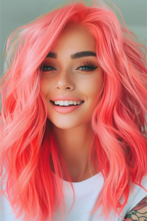 Electric Peach Hair, Pink And Coral Hair, Coral Hair Color Pastel, Peach And Blonde Hair, Neon Peach Hair, Flamingo Pink Hair, Coral Pink Hair, Pink Peach Hair, Coral Hair Color