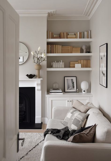 Front Rooms With Fireplace, Alcove Shelving Styling, Shelves In Living Room Alcove, Alcove Styling Living Room, Contemporary Alcove Shelving, Neutral Living Room Fireplace, Neutral Living Room Shelves, Beige Living Room Fireplace, Victorian Living Room Sofas