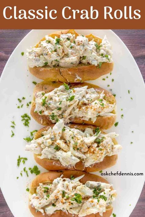 This easy-to-make crab roll recipe takes about ten minutes to make, and it will be better than your favorite seafood restaurant. These classic crab rolls are loaded with fresh jumbo lump crabmeat gently tossed with a seasoned mayonnaise-based dressing. Make this delicious seafood meal today! Lump Crab Recipes, Crab Salad Sandwich, Seafood Sandwiches, Crab Sandwich, Rolled Sandwiches, Crab Rolls, Crab Salad Recipe, Crab Meat Recipes, Lump Crab