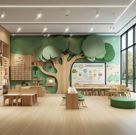 Kindergarten Interior Design Classroom Ideas, Classroom Kindergarten Design, Cute Daycare Ideas, Modern Daycare Design Exterior, Kindergarden Decoration Room, Kindergarten Interior Design Classroom, Kindergarten Reception Design, Montessori Classroom Layout Preschool, Preschool Design Interior