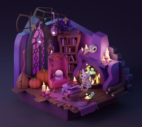 ArtStation - Halloween Magic Room Halloween 3d Art, Potion Lab, Blender Room, Room Reference, Halloween Diorama, Toy Workshop, Magic Room, Skeleton Cat, Halloween Living Room