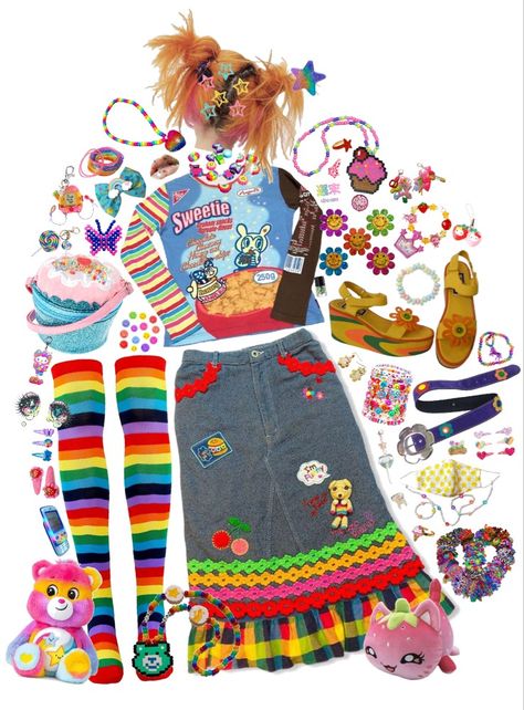 Chi Core Aesthetic, Lisa Frank Outfit Aesthetic, Pixielocks House, Decora Outfit Ideas, Unusual Outfits Ideas, Lisa Frank Outfit Ideas, Trinketcore Outfit, Decora Aesthetic Outfits, Decora Kei Art