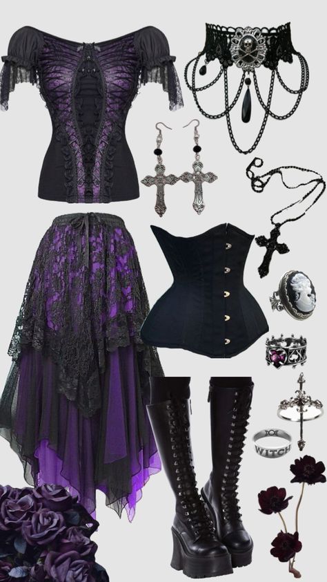 Outfit Inspo Shuffles, Romantic Goth Outfits, Goth Outfits Aesthetic, Goth Styles, Goth Outfit Ideas, Purple Goth, Purple Gothic, Goth Outfit, Alt Outfits