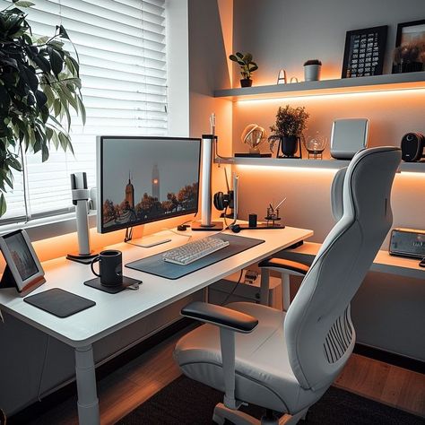 Serene and inviting home office space with white desk, ergonomic chair, desktop computer, and personal items for productivity and comfort. White Desk Setup, Organized Home Office, Office Inspiration Workspaces, Modern Home Offices, Minimalist Home Office, Home Studio Setup, Contemporary Home Office, Small Home Offices, Beautifully Organized