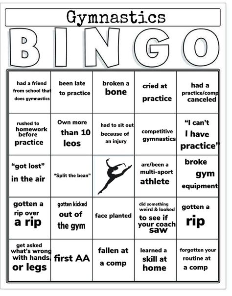 Gymnastics Bingo, Gymnastics Banquet Ideas, Gymnastics Party Games, Gymnastic Drills, Team Bonding Games, Gymnastics Games, Gymnastics Ideas, Gymnast Birthday Party, Gymnastics Party