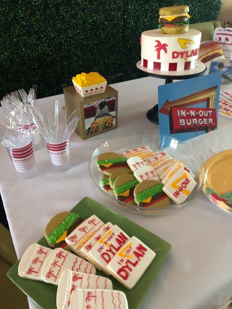 In N Out Party Theme, In N Out Birthday Party Theme, In N Out Party, Retro Backyard, Birthday Diy Ideas, Burger Birthday, Hamburger Party, Check Yes Or No, Backyard Pool Party