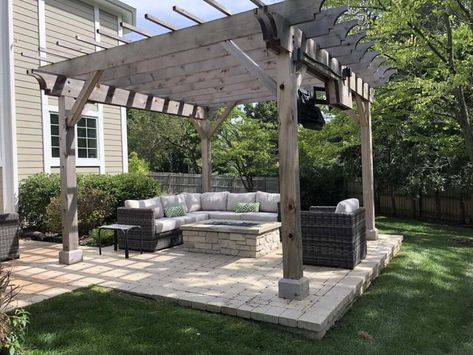 Pergola, Paver Patio, Custom Stone Fire Pit - Northbrook, IL - Northbrook Decks, Pergolas, & Stone Paver Patios Garden Paving Ideas, Back Yard Fire Pit, Yard Fire Pit, Fire Pit Pergola, Rustic Pergola, Fire Pit Outdoor, Paving Ideas, Pavers Backyard, Backyard Fireplace