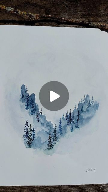 Watercolour Inspiration Landscape Easy, Winter Watercolour Painting, Winter Watercolor Tutorials, Watercolour Inspiration Beginner, Easy Water Coloring Ideas, Winter Watercolor Paintings, Blue Green Artwork, Watercolor Winter Scenes, Card Painting Ideas