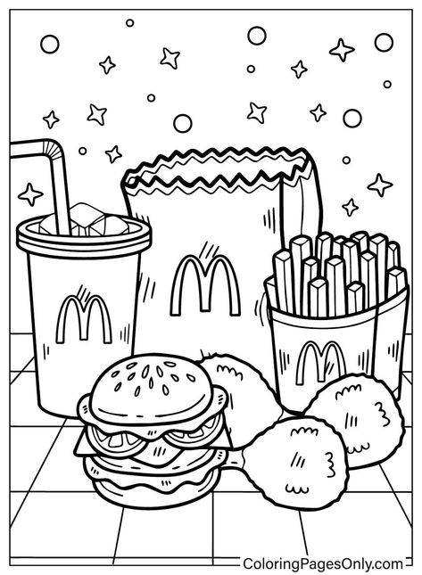 Burger Coloring Page, Mcdonalds Coloring Pages, Drawing Ideas To Color, Coloring Food Pages, Girly Coloring Pages Aesthetic, Fun Coloring Pages For Teens, Indie Coloring Pages, Food Colouring Pages, Bakery Coloring Pages