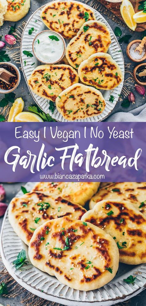 Learn how to make soft and fluffy no yeast flatbread with this quick and easy recipe that tastes like classic homemade naan bread! Perfect as an appetizer with garlic dip or as a side dish with curry or other dishes. #flatbread #naan #easyflatbread #bread #veganbread #vegannaan #veganrecipes #vegetarian #recipes #food #vegan #foodrecipes #garlic #easyrecipes #quickbread #healthyfood | biancazapatka.com No Yeast Flatbread, No Yeast Naan, Naan Bread Vegan, Skillet Flatbread, Homemade Garlic Naan, Vegan Kebab, Garlic Naan Bread, Garlic Flatbread, Easy Flatbread Recipes