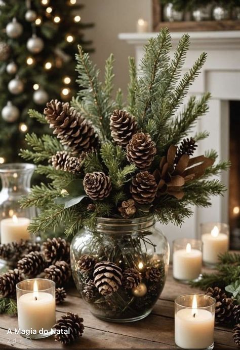 Wood Theme Christmas Decor, Things To Make For Christmas Decorations, Pinecone Christmas Table Decor, Fall Decor For Tabletop, Christmas Party Event Decorations, Styling With Vases, Pinecone Ideas For Christmas, Table Decor With Pine Cones, Pine Cone Decor Ideas