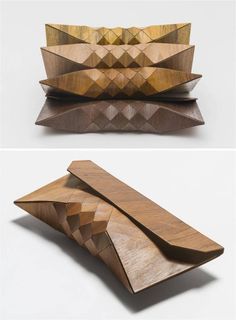 Wearable wood clutches by Israeli designers Tesler e Mendelovitch. Mode Origami, Wooden Purse, Wooden Bag, Wood Sunglasses, Diy Bags Purses, Wooden Accessories, Wood Accessories, Experiential, Objects Design