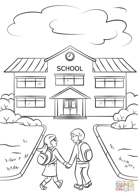 Kids Going To School, School Cartoon, School Coloring Pages, Printable Coloring Sheets, Drawings For Kids, School Building, School Pictures, Printable Crafts, School Aesthetic