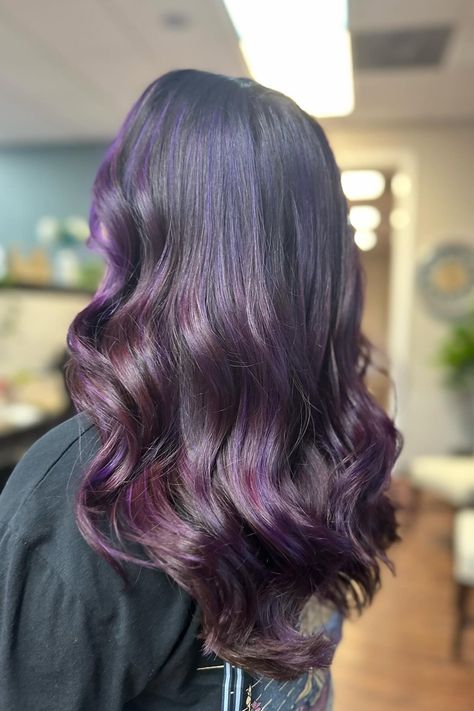 45+ Must-See Dark Brown Hair Color Ideas For 2024 - Flo's Blog Purple On Dark Brown Hair, Brown Hair With Highlights Purple, Purple Balayage Brunette, Dark Hair Purple Highlights, Purple Highlights Black Hair, Purple Tinted Hair, Ideas For Dark Brown Hair, Dark Purple Highlights, Purple Highlights Brown Hair