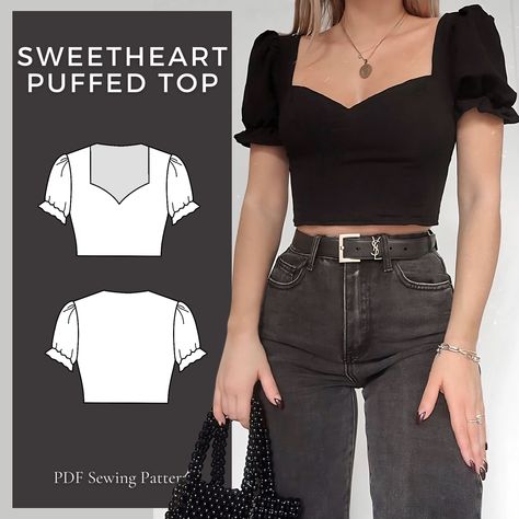 Puff Sleeve Sweetheart Neckline Crop Top Sewing Pattern, Crop Top Pattern, Easy Sewing Pattern, Beginner Sewing Patterns, PDF Sewing Pattern Womens Pdf Sewing Patterns, Skirt And Top Sewing Pattern, Sewing Patterns Bottoms, Shirt Patterns For Women Summer Tops, Cotton Top Patterns For Women, Sweetheart Neckline Blouse Pattern, Easy Top Sewing Patterns For Beginners, A Line Top Pattern, Easy Sewing Tops For Beginners