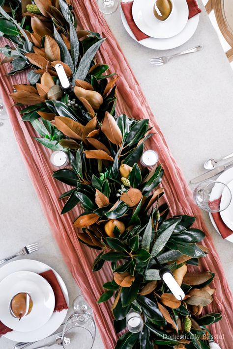 Magnolia Pear Thanksgiving Table - Domestically Blissful Magnolia Table Runner, Magnolia Leaves Centerpiece, Leaves Centerpiece, Domestically Blissful, Decorating Table, Magnolia Leaf, Magnolia Branch, Faux Eucalyptus, Magnolia Table