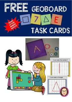 FREE Geoboard Shape, Letters, Numbers and Objects Task Cards Task Boxes Preschool, Geo Board, Task Cards Free, Preschool First Day, Shapes Kindergarten, Math Centers Kindergarten, Area And Perimeter, Elementary School Classroom, Task Boxes