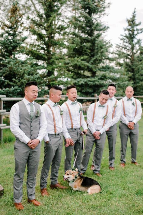 Sage And Grey Groomsmen, Groom And Groomsmen Attire Suspenders, Sage Wedding Mens Attire, Grey And Sage Groomsmen Attire, Dusty Rose And Sage Green Wedding Theme Men, Sage Green Wedding Outfit Men, Groom And Groomsmen Suspenders, Sage Suspenders Wedding, Green Groomsmen Attire Suspenders