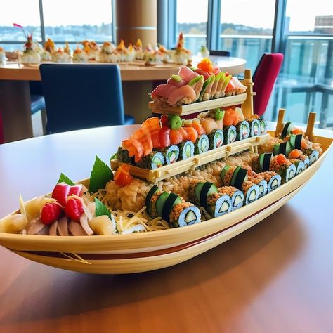 Unique Food Presentation Ideas, Sushi Presentation, Sushi Recipes Homemade, Sushi Boat, Sushi Menu, Sea Foods, Cool Recipes, Sleepover Food, Sushi Recipes