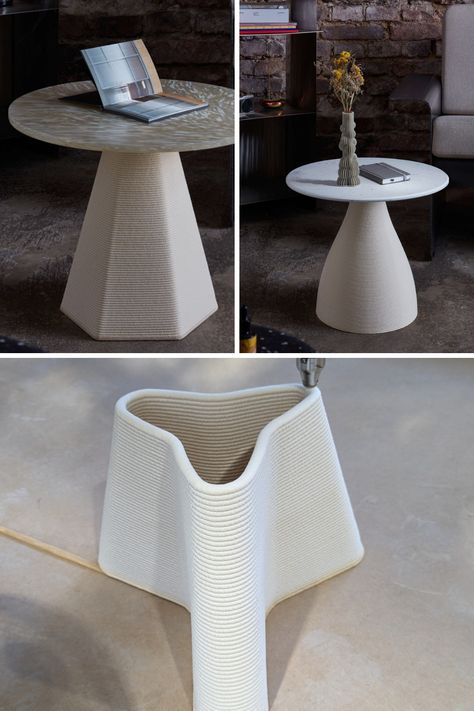 LOOPS, a groundbreaking coffee table collection, redefines 3D printing with sustainable elegance. These tables boast organic, geometric forms created by an innovative 3D printing robot. Crafted from 100% recycled plastics and responsible forestry-based composites, LOOPS exemplifies artistry in sustainable design. #3DPrinting #Innovation #SustainableDesign #Tables #GeometricForms #RecycledPlastics 3d Printed Furniture, Printed Furniture, Geometric Coffee Table, Bio Design, Wooden Architecture, Fahrenheit 451, 3d Printing Diy, 3d Ideas, Traditional Ceramics