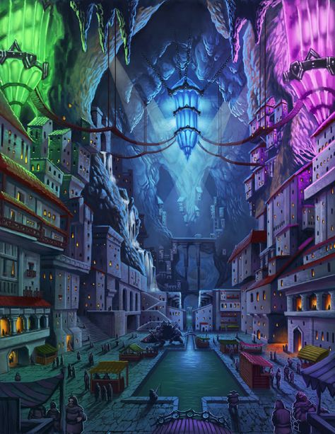 Rise of the Drow Drow City, Dwarven City, Underground World, Magic Items, Underground Cities, Pathfinder Rpg, Location Inspiration, Fantasy City, Fantasy Places