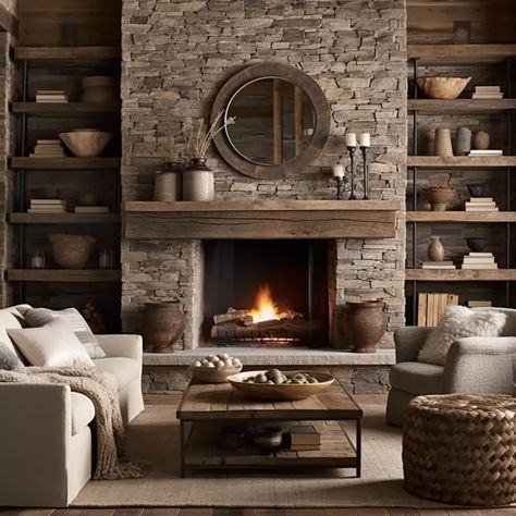 20 Fireplace With Built Ins on Both Sides Ideas to Make the Most of Your Living Space - HearthandPetals Fireplace Furniture Ideas, Stack Rock Fireplace, Open Fireplace Ideas Rustic, Rock Fireplace With Wood Mantle, Side Of Fireplace Decor Ideas, Wood Mantels On Stone Fireplace, Stone Fireplace With Wood Storage, Rock Fireplace Mantle Decor, Fireplace With Side Shelves