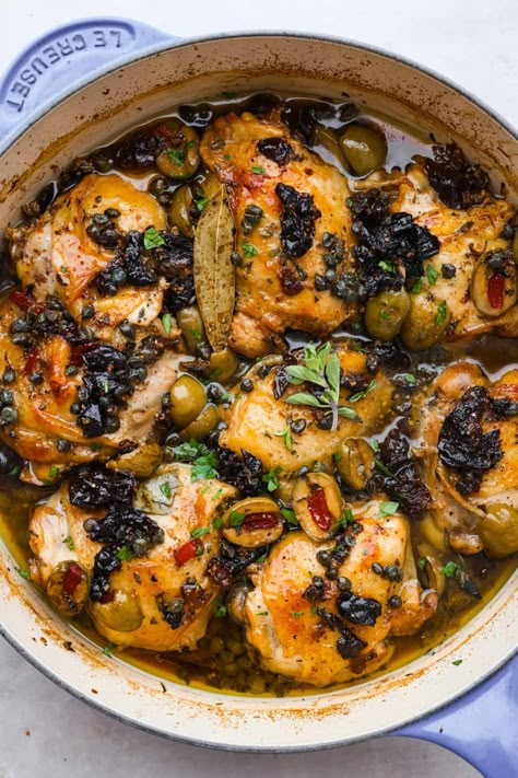 Chicken Marbella Baked Chicken Recipes For A Crowd, Acorn Squash Baked, Company Chicken, Braised Chicken Recipes, Chicken Marbella, Chicken And Rice Dishes, Moussaka Recipe, Turkey Meatballs Baked, Marinated Chicken Thighs